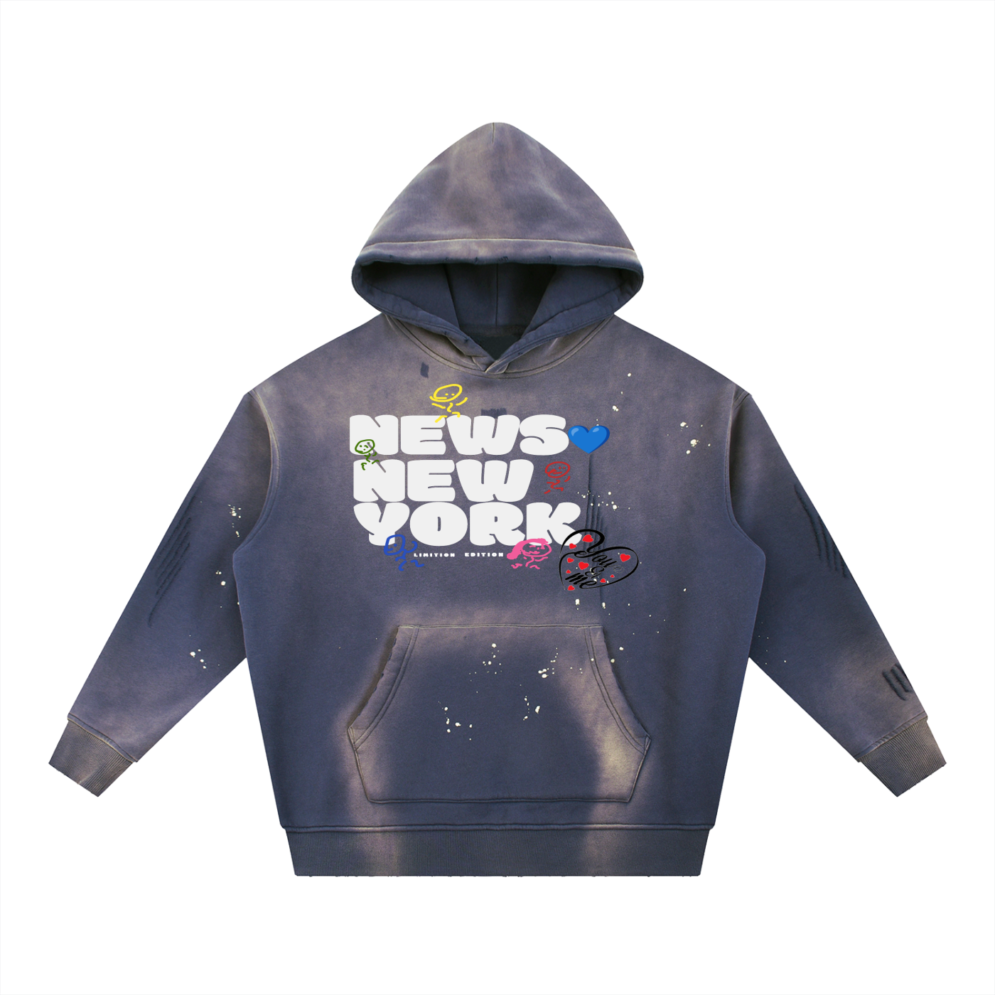 Blue My People's NEWS💙 NEW YORK. Vintage Washed Frayed Fleece Hoodie